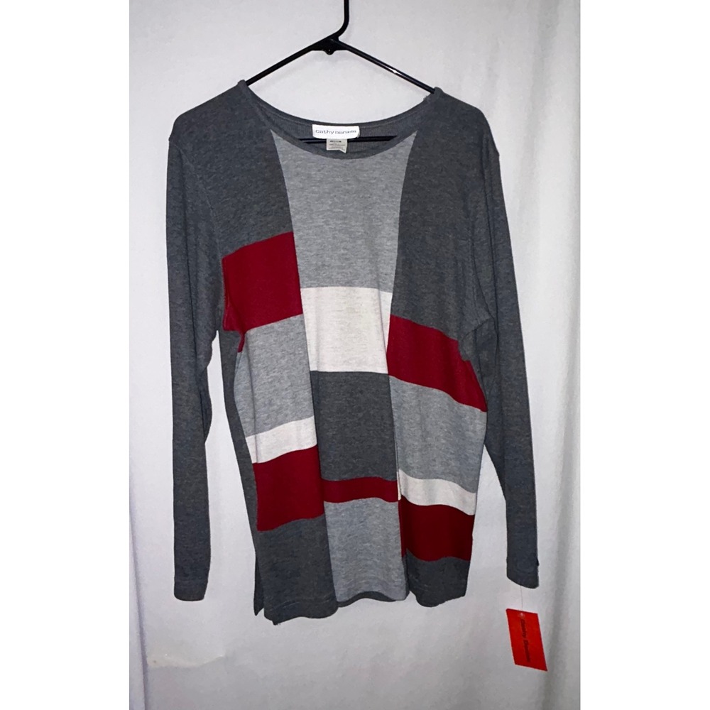Cathy Daniels Medium Color Block Long Sleeve Top Gray‎ Red White Casual
